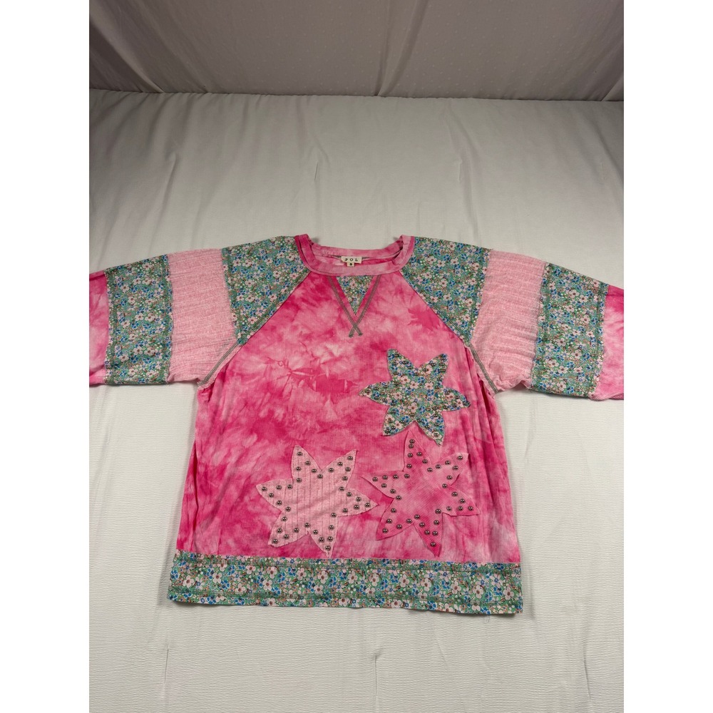 POL Pink Tie Dye Floral Star Studded Ribbed Top UKT559 Small Boho Mixed Media